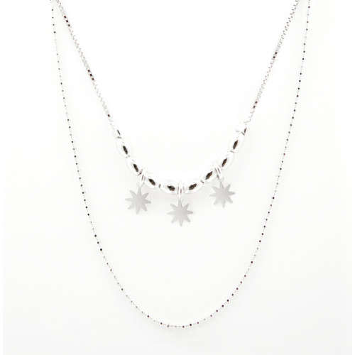 GARGANTILLA PLATA DOBLE ESTRELLAS 6MM  L- 38+40+5 CM