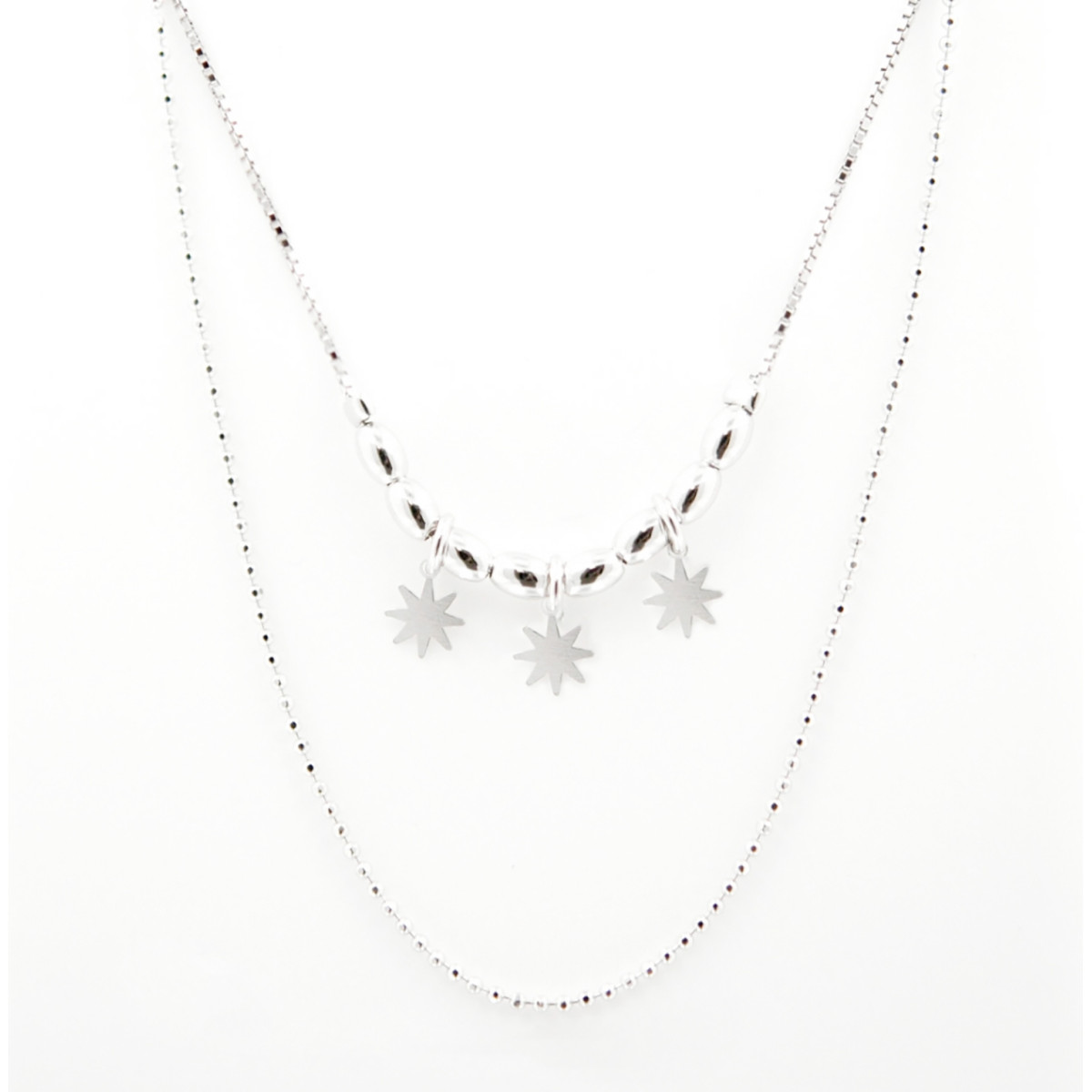 GARGANTILLA PLATA DOBLE ESTRELLAS 6MM  L- 38+40+5 CM
