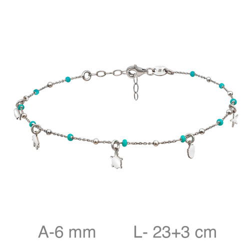TOBILLERA PLATA MOTIVOS MAR BOLITAS TURQUESA