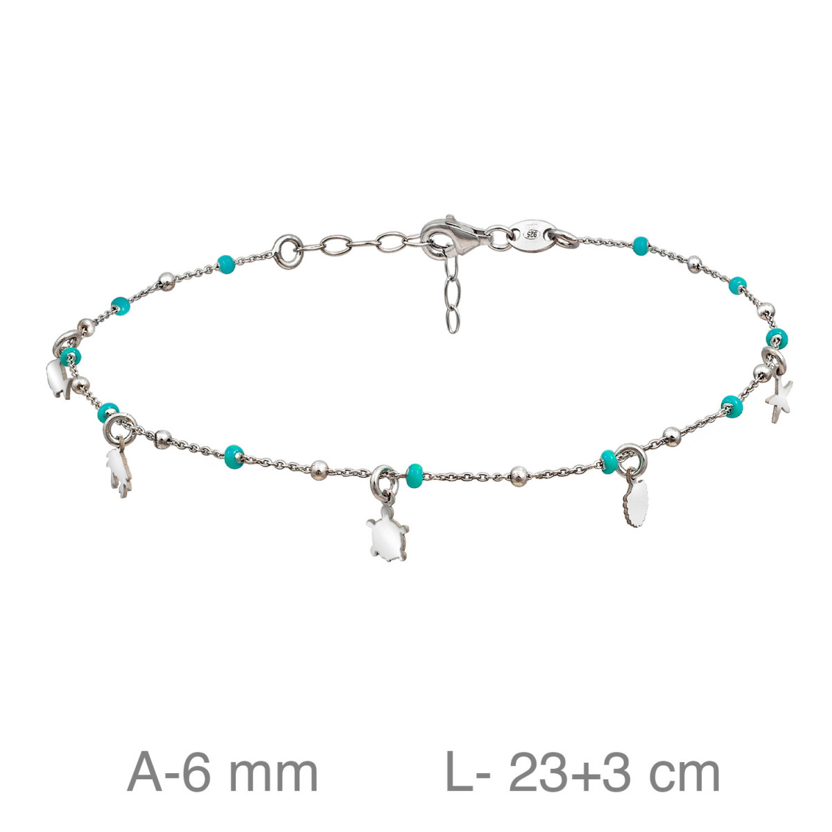 TOBILLERA PLATA MOTIVOS MAR BOLITAS TURQUESA