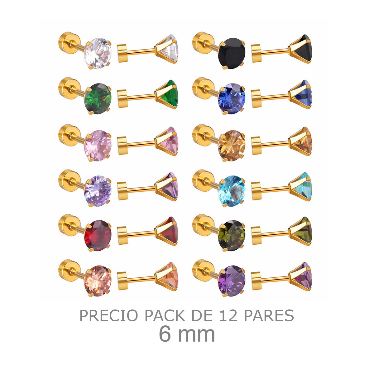 SET PENDIENTES ACERO B.ORO ZTAS 5MM COLOR
