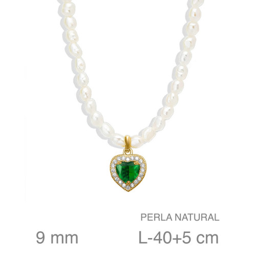 GARGANTILLA PLATA B.ORO+e PERLAS CORAZON ESMERALDA