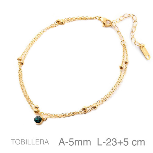 TOBILLERA ACERO B.ORO DOBLE CHATON VERDE