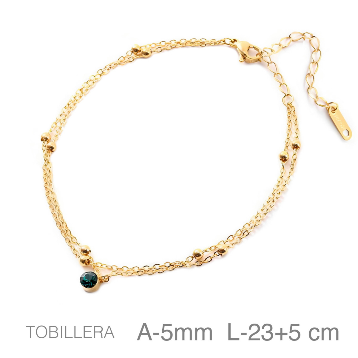 TOBILLERA ACERO B.ORO DOBLE CHATON VERDE