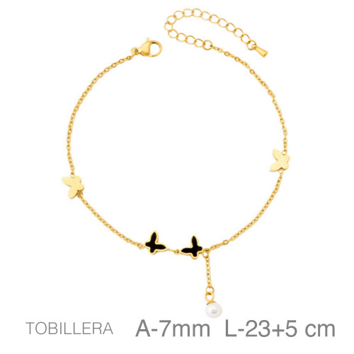 TOBILLERA ACERO B.ORO MARIPOSAS PERLA