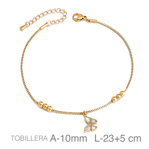 TOBILLERA ACERO B.ORO MARIPOSA BOLAS