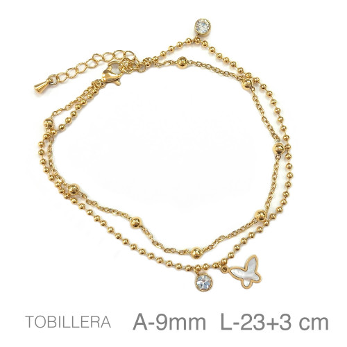 TOBILLERA ACERO B.ORO DOBLE MARIPOSA CHATON