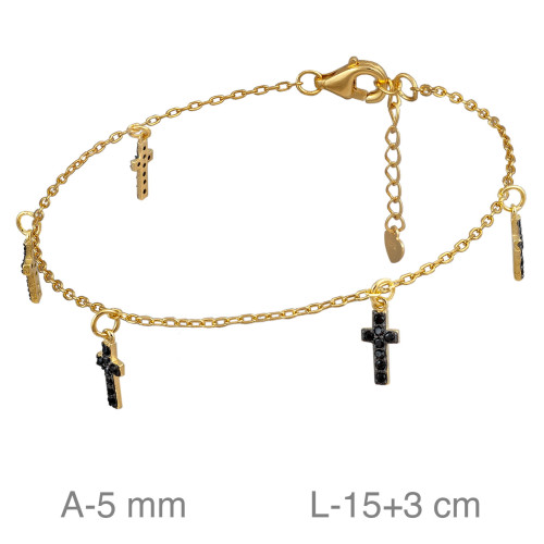 PULSERA PLATA B.ORO+e CRUCES ZTAS NEGRAS 15+3 CM