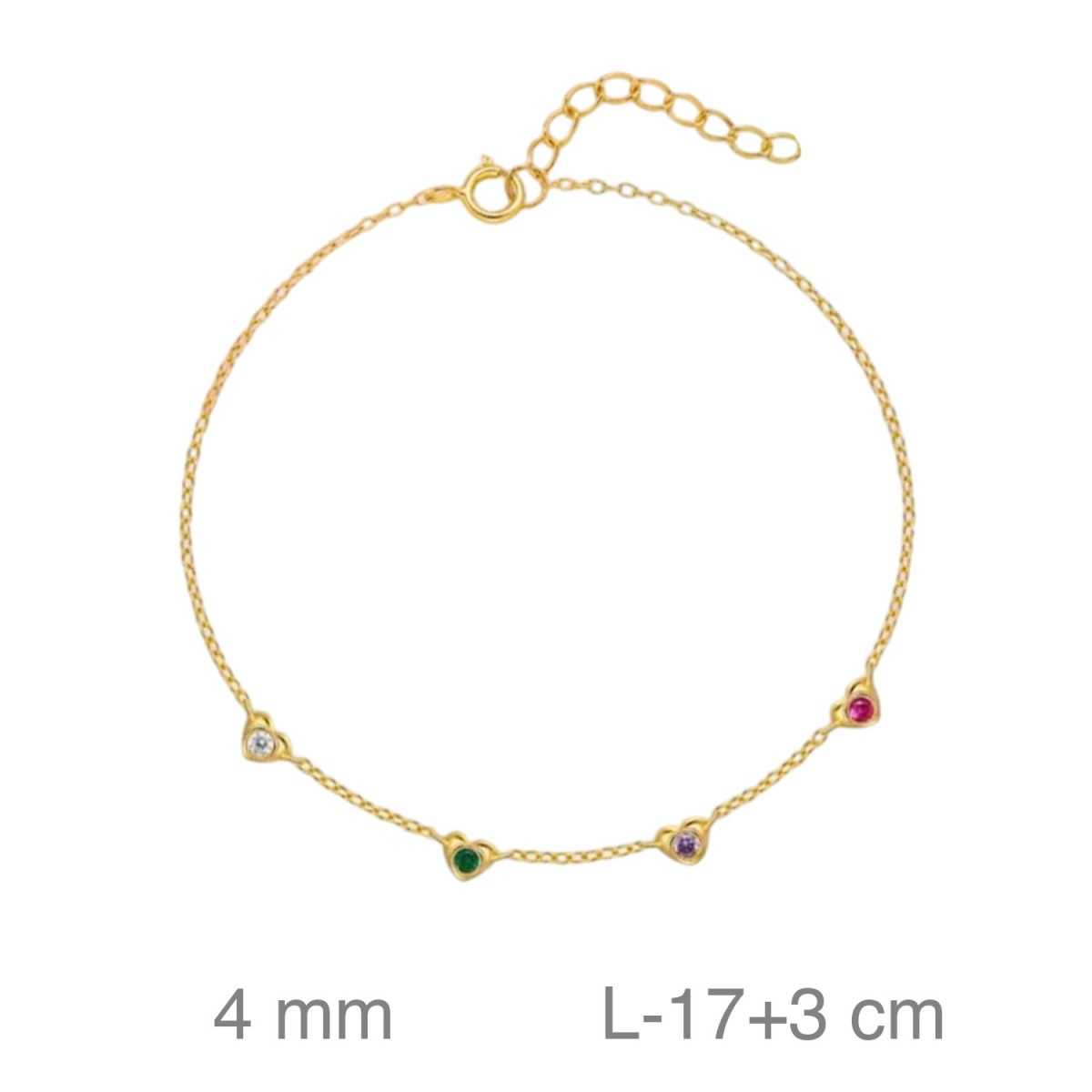 PULSERA PLATA B.ORO CORAZONES CIRCONITAS COLOR