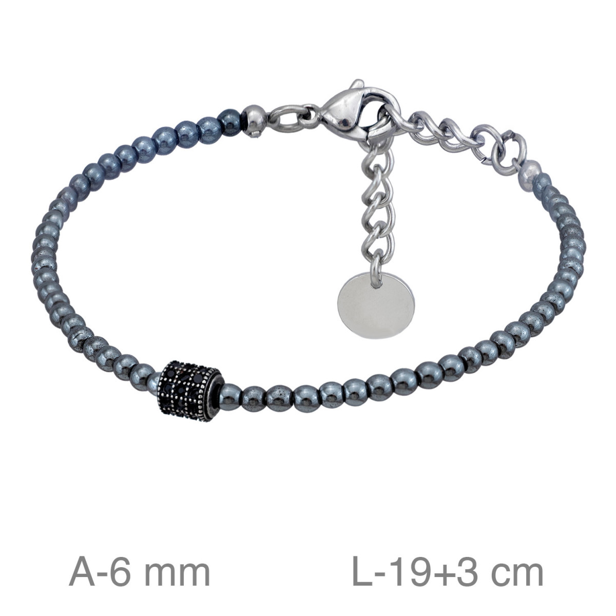 PULSERA ACERO HEMATITE Y CIRCONITAS NEGRAS