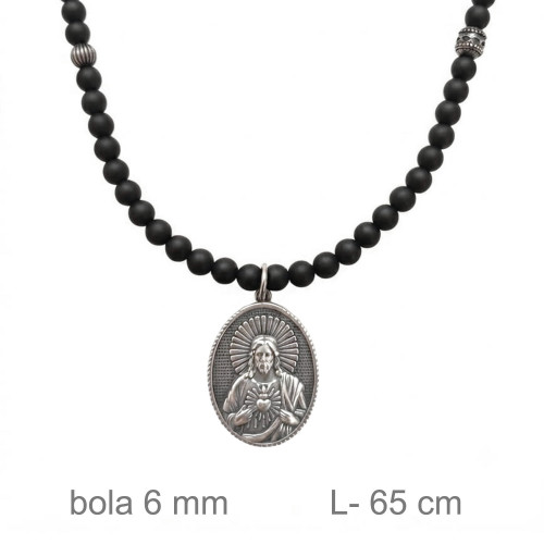  GARGANTILLA ROSARIO ACERO 6 MM P.AGATA NEGRA ESMERILADA  MOTIVO SAGRADO CORAZÓN DE JESUS