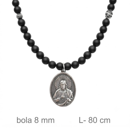  GARGANTILLA ROSARIO ACERO 8 MM P.AGATA NEGRA ESMERILADA MOTIVO SAGRADO CORAZÓN DE JESUS