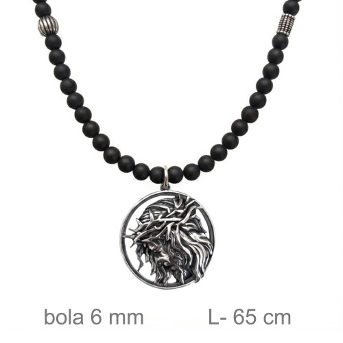 GARGANTILLA ROSARIO ACERO 6 MM PIEDRA AGATA NEGRA ESMERILADA MOTIVO CRISTO