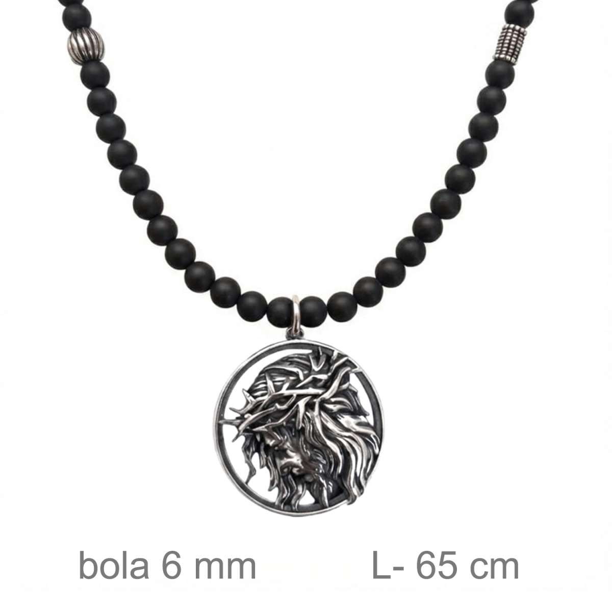 GARGANTILLA ROSARIO ACERO 6 MM PIEDRA AGATA NEGRA ESMERILADA MOTIVO CRISTO