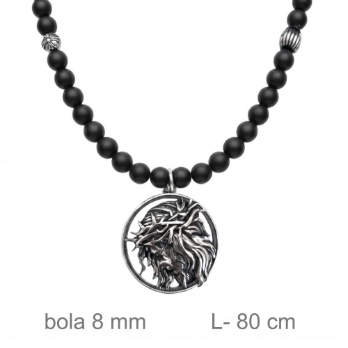  GARGANTILLA ROSARIO ACERO 8 MM PIEDRA AGATA NEGRA ESMERILADA MOTIVO CRISTO