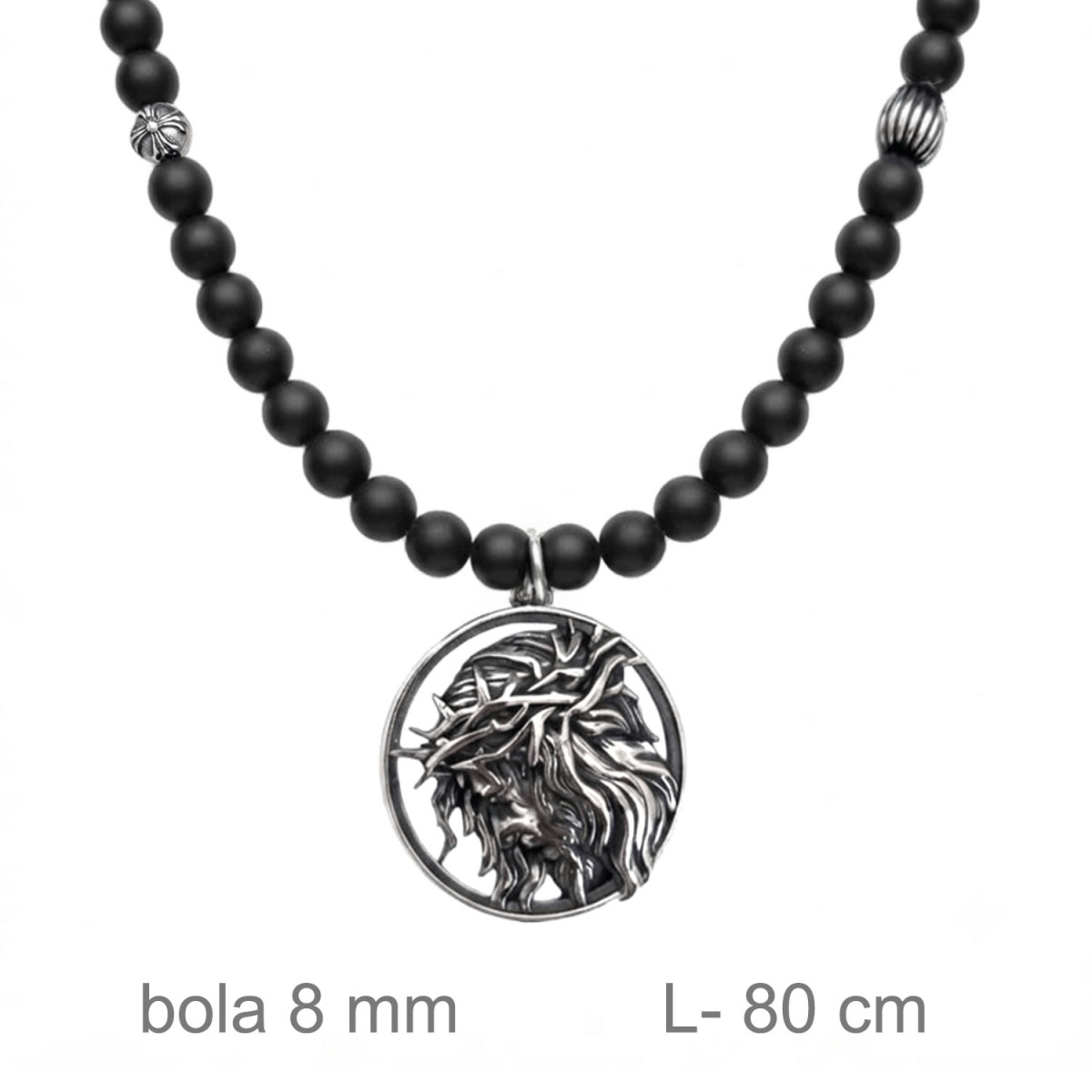  GARGANTILLA ROSARIO ACERO 8 MM PIEDRA AGATA NEGRA ESMERILADA MOTIVO CRISTO